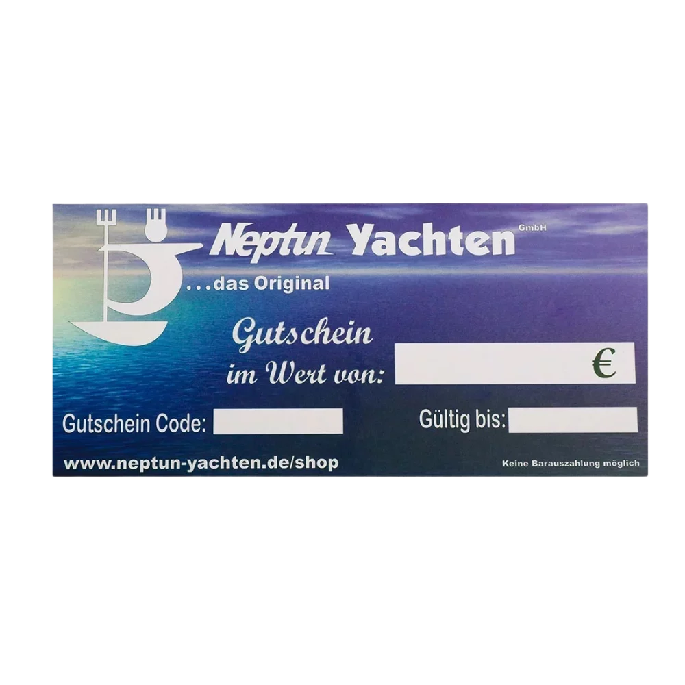 Neptun Yachten Geschenkgutschein Neptun Yachten Gutschein Rückseite mit Codefeld – Wertgutschein für den Onlineshop und die Werft, gültig für Bootszubehör und Reparaturarbeiten