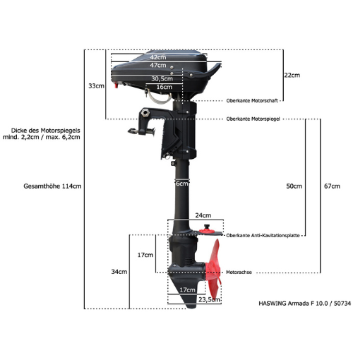 Technische Zeichnung mit Abmessungen des Haswing Armada F 10.0 Außenbordmotors