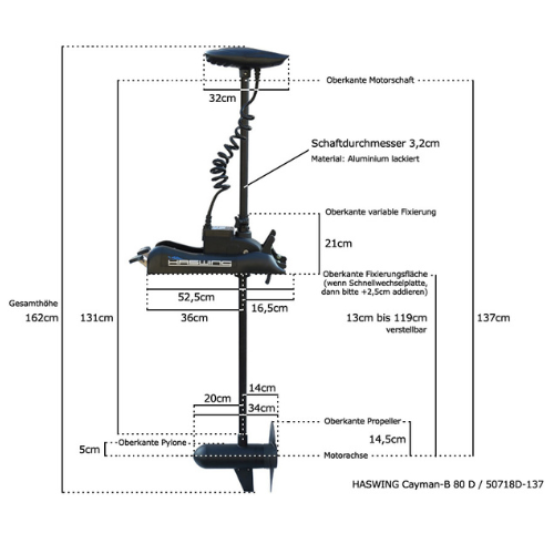 Technische Abmessungen des Haswing Cayman B 80 D Bugmotors.