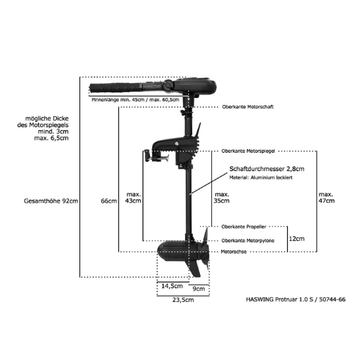 Technische Zeichnung des Haswing Protruar 1.0 S / 600W 12V Kurzschaft mit Abmessungen.