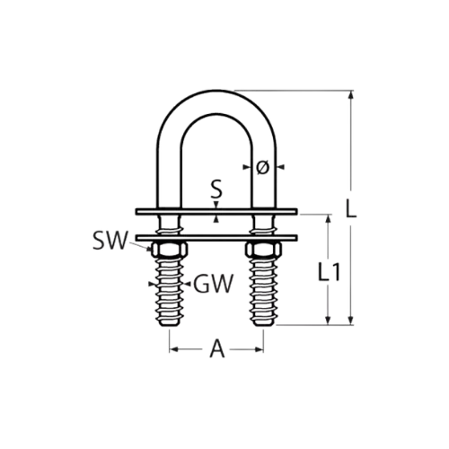 Technische Zeichnung U-Bolzen M8 x 100 mm Pütting-Beschlag Segelboot