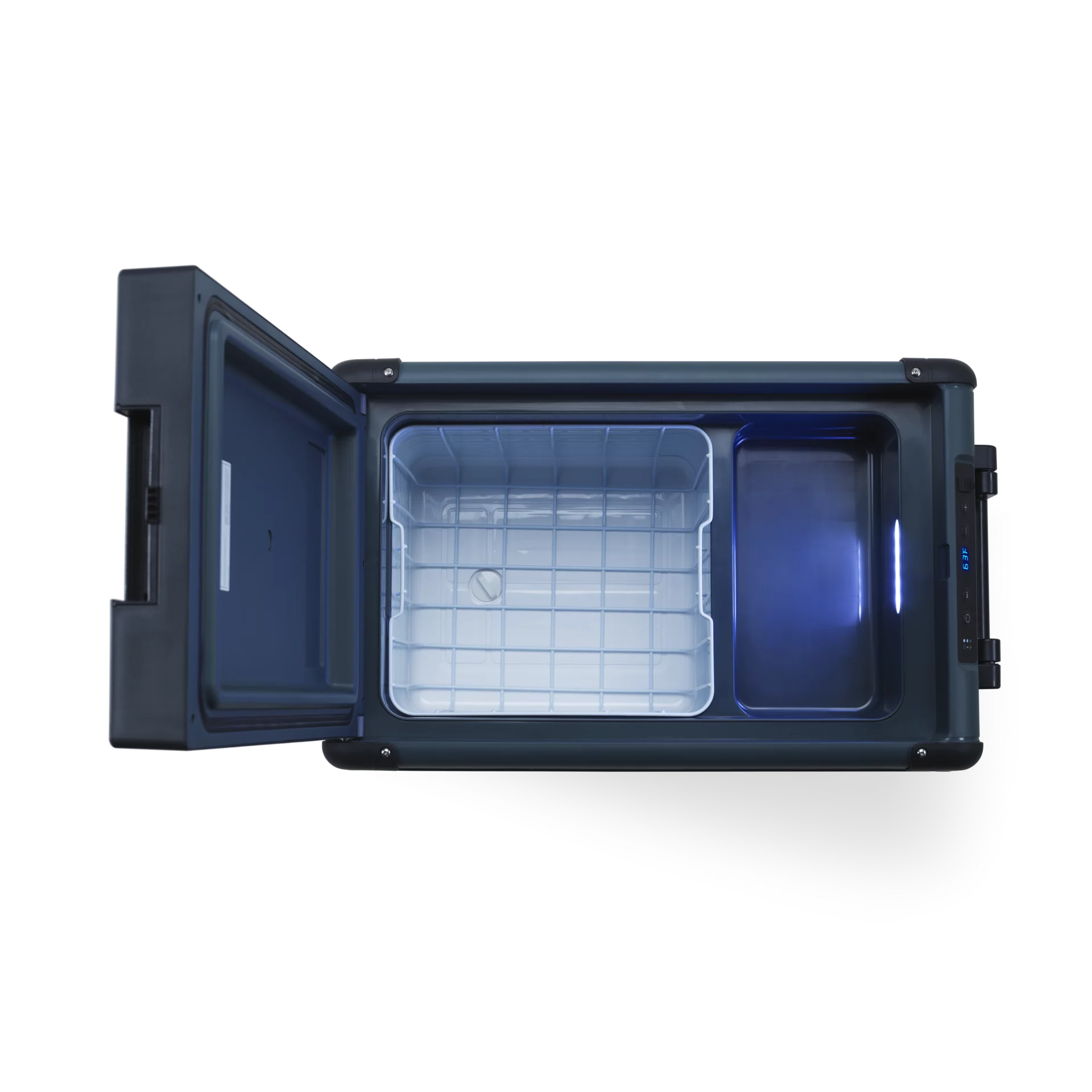 Dometic CFX2 37 Tragbare Kompressorkühlbox – 37 Liter, 12/24V & 230V Dometic CFX2 37 geöffnet mit LED-beleuchtetem Innenraum und Ablagefach