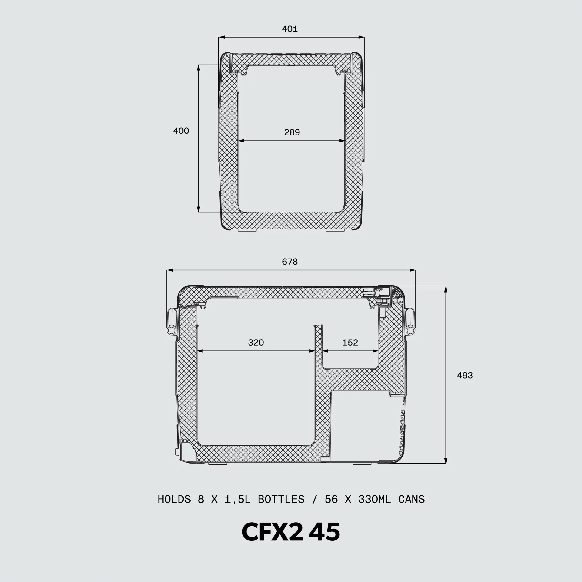Dometic CFX2 45 Tragbare Kompressorkühlbox – 45 Liter, 12/24V & 230V Dometic CFX2 45 – Maßzeichnung Innenraum (technisches Datenblatt)