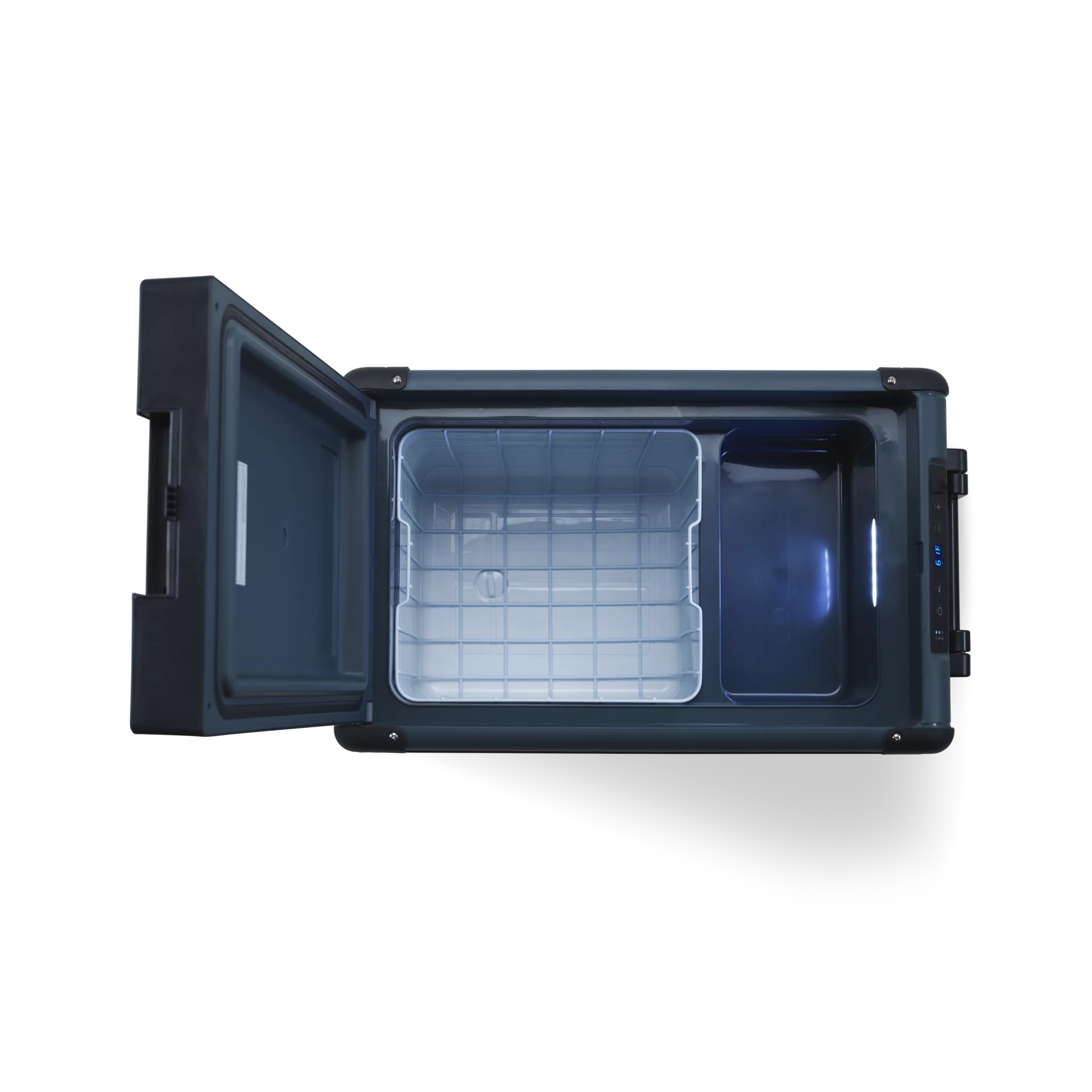 Dometic CFX2 45 Tragbare Kompressorkühlbox – 45 Liter, 12/24V & 230V Dometic CFX2 45 geöffnet mit LED-beleuchtetem Innenraum und Ablagefach