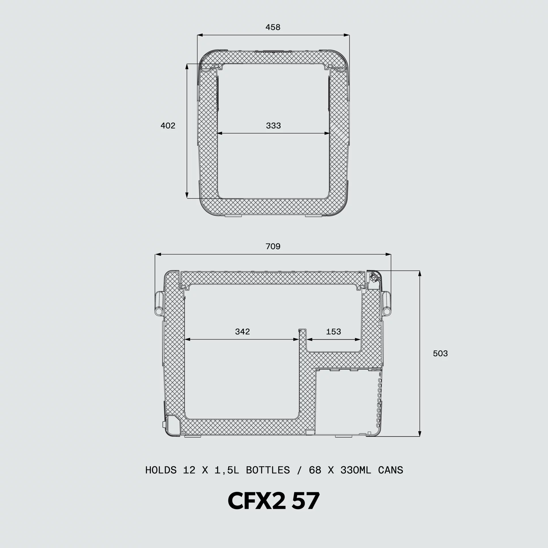 Dometic CFX2 57 Tragbare Kompressorkühlbox – 57 Liter, 12/24V & 230V Dometic CFX2 57 – Maßzeichnung Innenraum (technisches Datenblatt)