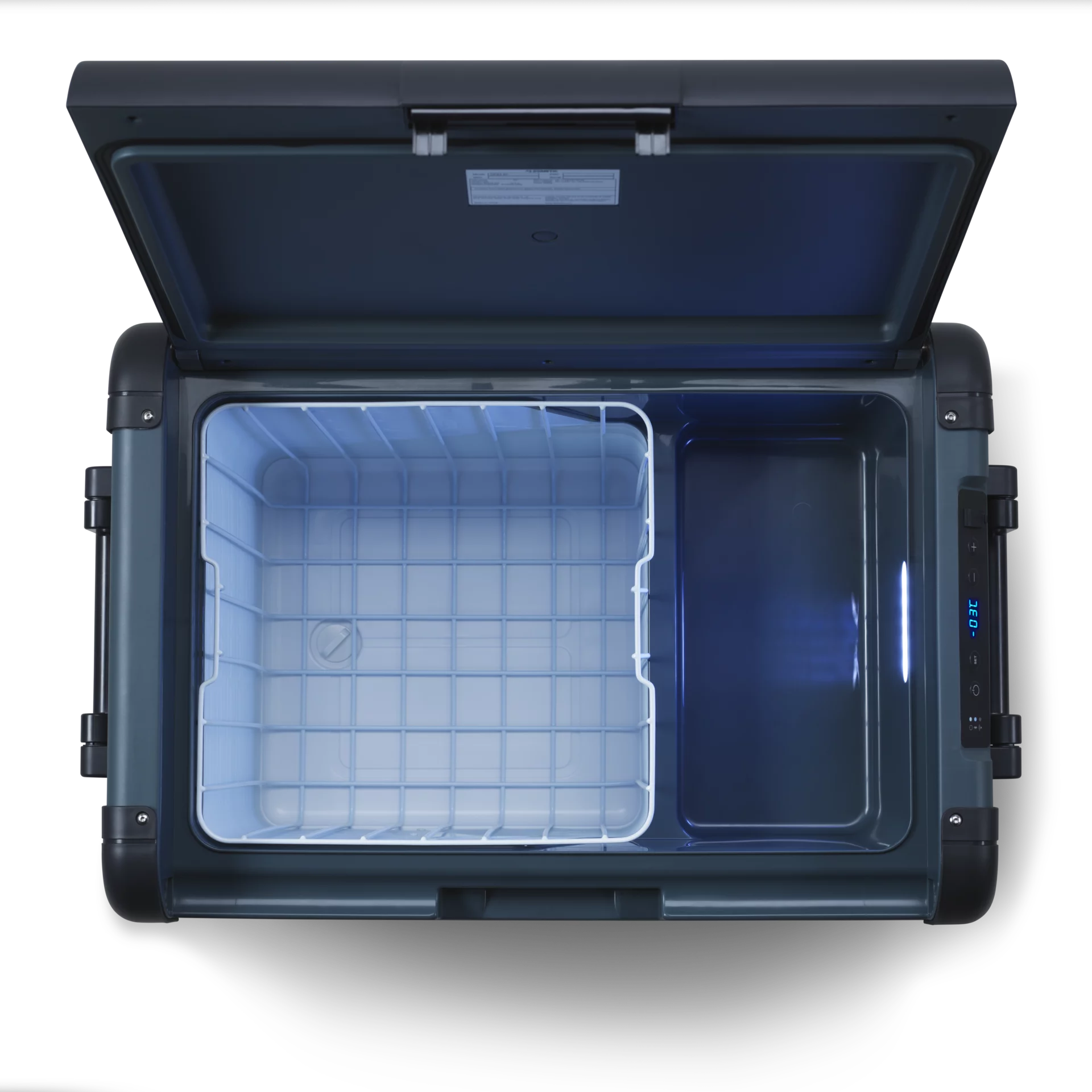 Dometic CFX2 57 Tragbare Kompressorkühlbox – 57 Liter, 12/24V & 230V Dometic CFX2 57 geöffnet mit LED-beleuchtetem Innenraum und Ablagefach