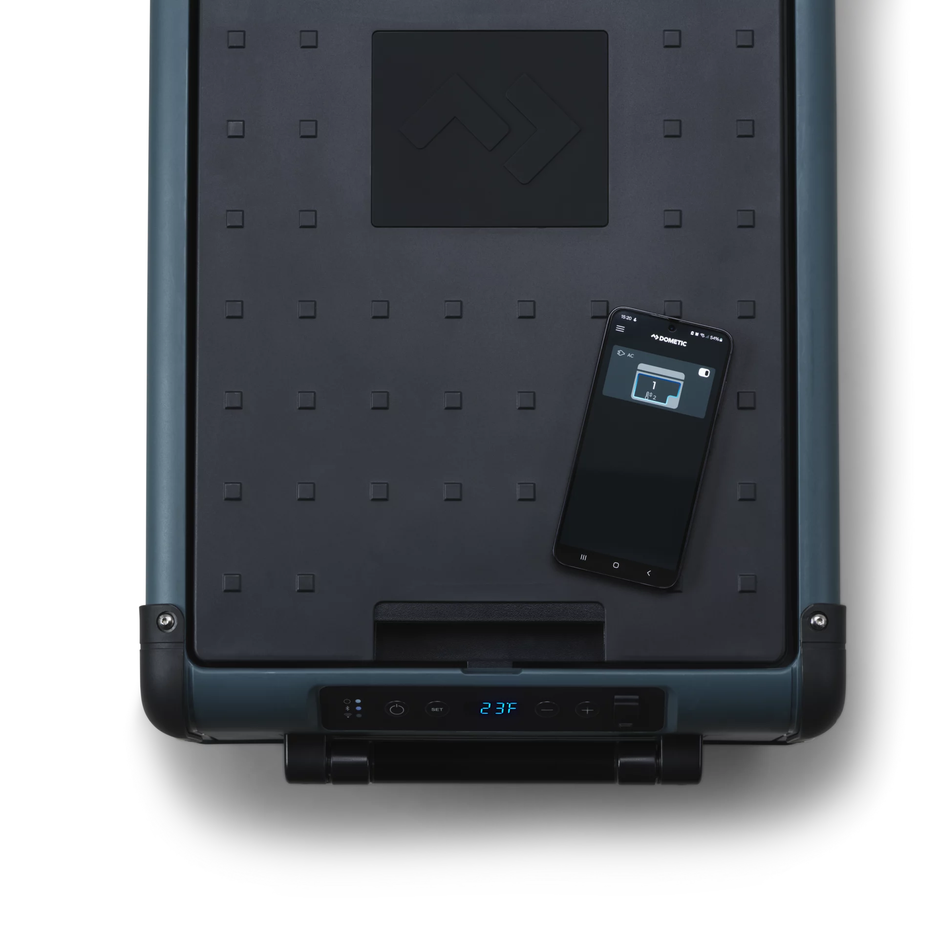Dometic CFX2 57 Tragbare Kompressorkühlbox – 57 Liter, 12/24V & 230V Dometic CFX2 Kompressorkühlbox – Draufsicht mit Smartphone-App-Steuerung und Bedienfeld