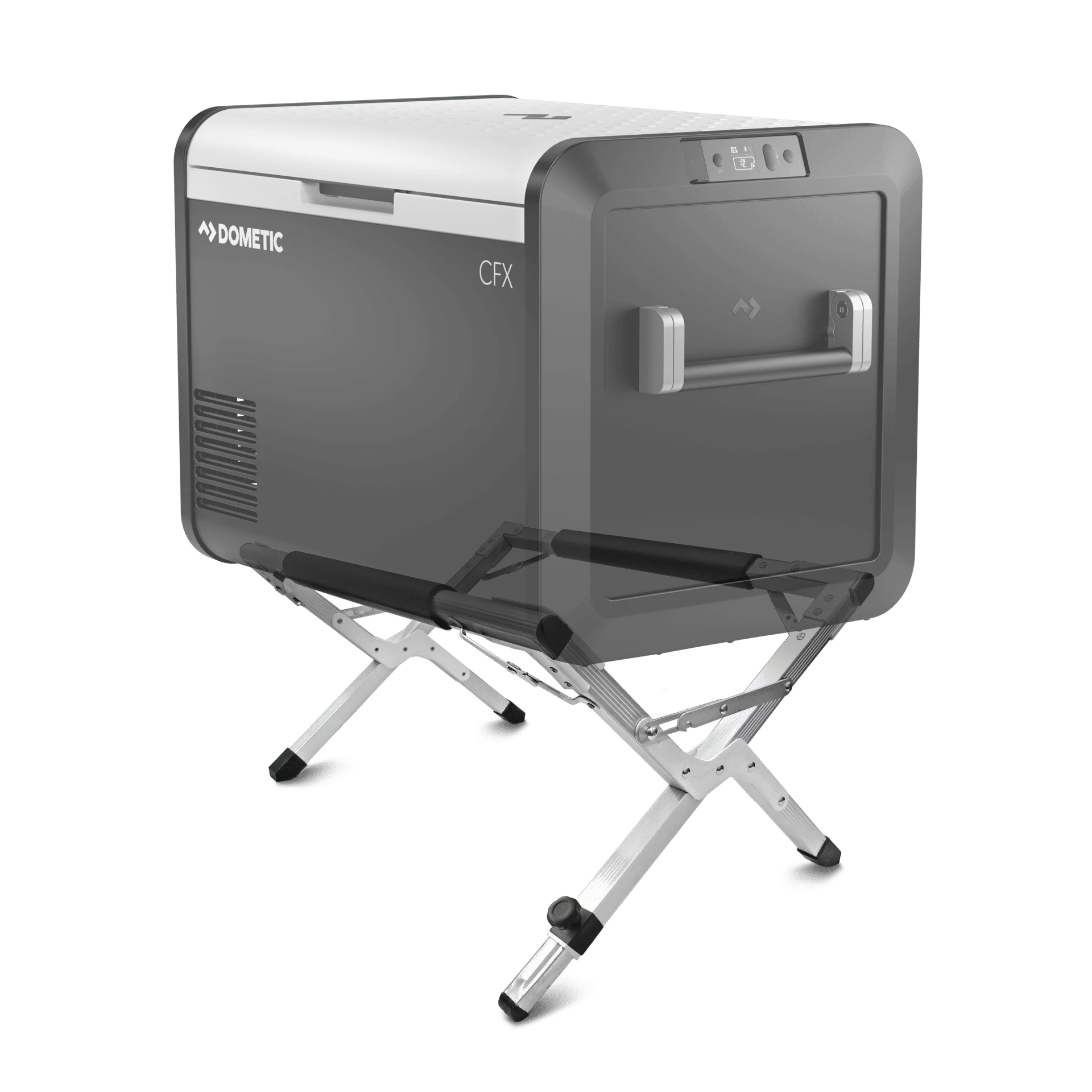Dometic Cooler Stand – faltbarer Kühlboxständer, bis 80 kg belastbar Dometic Cooler Stand – höhenverstellbare Teleskopbeine im Detail Beschriftung: Dometic Cooler Stand – Detailansicht