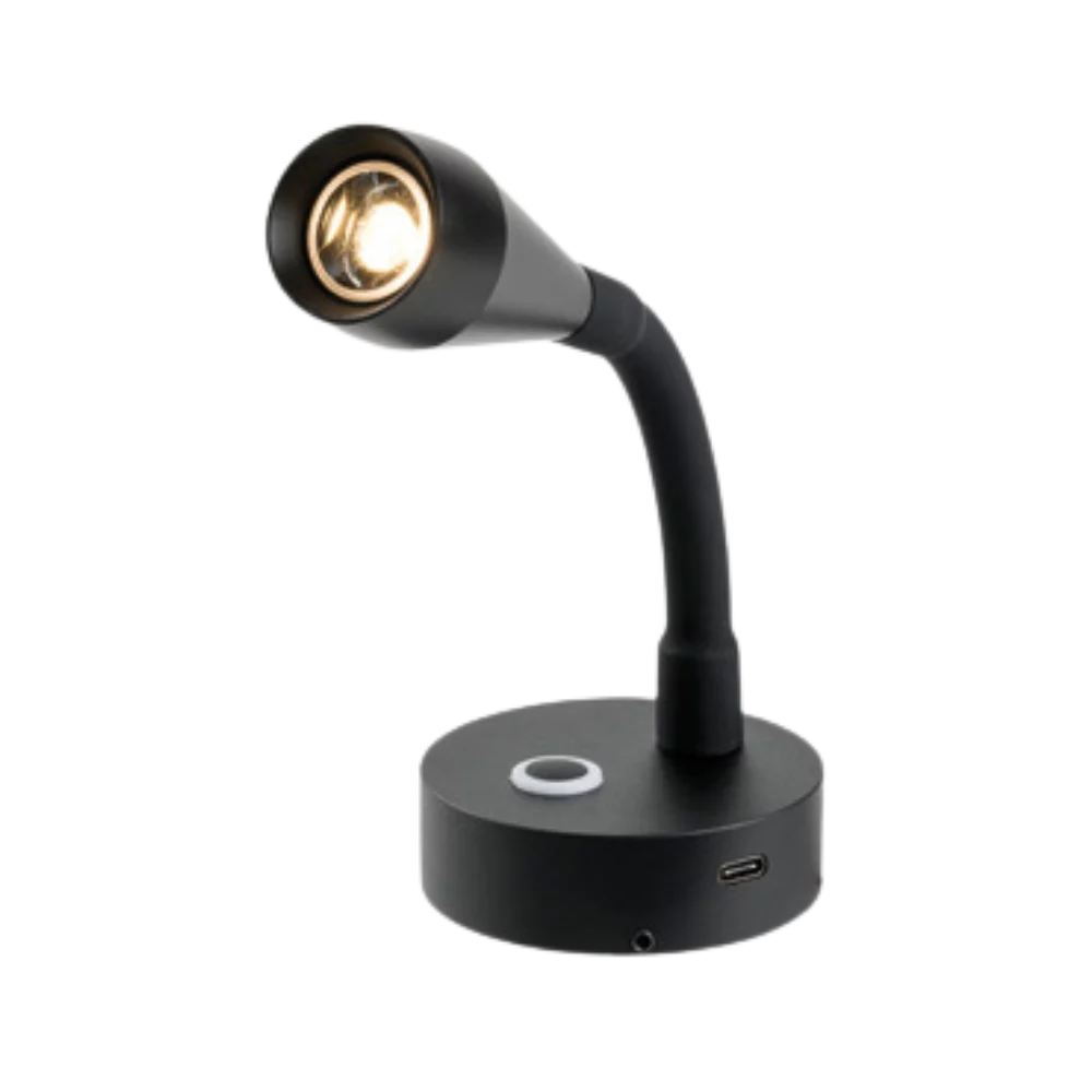 Osculati LED-Leselampe 12V schwarz – Gesamtansicht mit Gooseneck-Arm und USB-C-Sockel