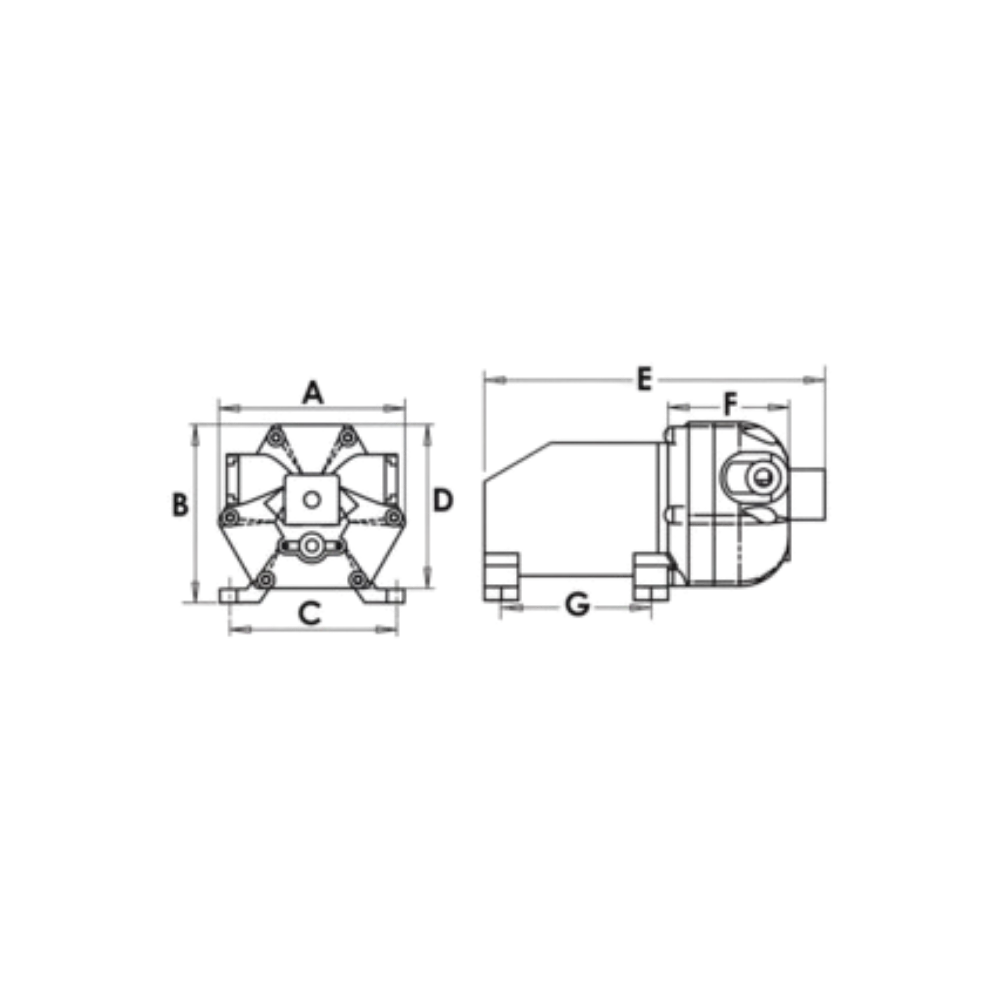 Osculati Europump 11 Autoklav-Pumpe, 3 Ventile, 11 l/min, 12V Technische Zeichnung Osculati Europump 11 Autoklav-Pumpe mit Maßangaben A–G